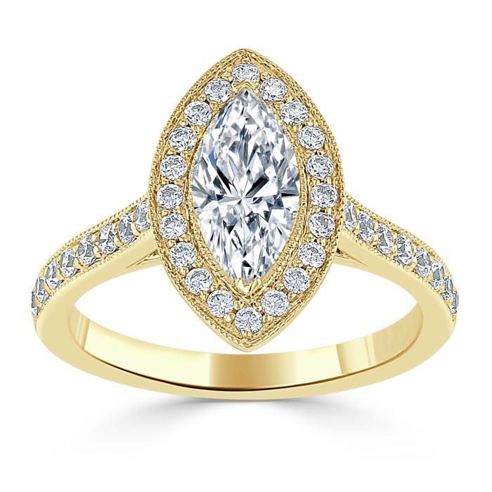 Lab-Diamond Marquise Cut Halo Engagement Ring, Tiffany Style, Choose Your Stone Size and Metal