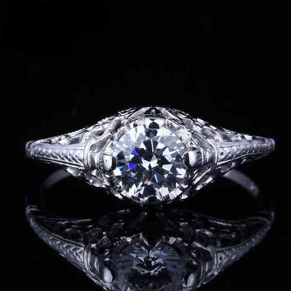 0.60ct Round Cut Moissanite Engagement Ring, Vintage Design, Available in 10Kt, 14Kt or 18kt White Gold