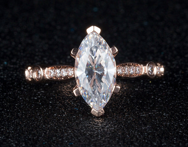 2.00ct Marquise Cut Moissanite Engagement Ring, Vintage Design, Available in 14kt or 18kt Rose Gold